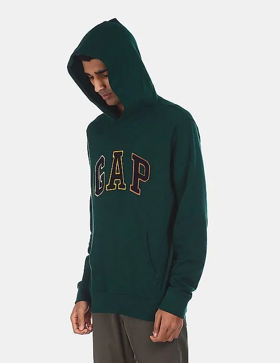 GAP Men Dark Green Cotton Brand Appliqued Hooded Sweatshirt