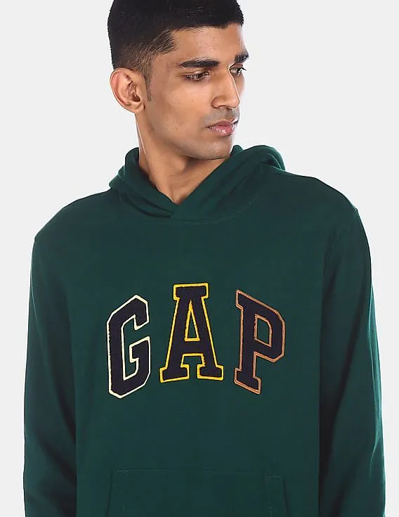 GAP Men Dark Green Cotton Brand Appliqued Hooded Sweatshirt