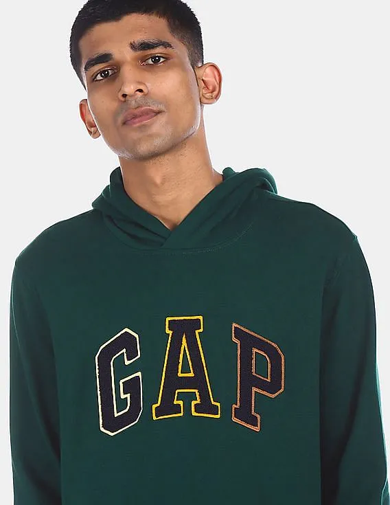 GAP Men Dark Green Cotton Brand Appliqued Hooded Sweatshirt