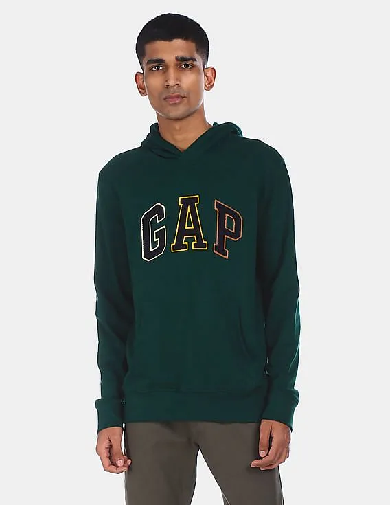 GAP Men Dark Green Cotton Brand Appliqued Hooded Sweatshirt