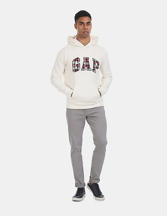 GAP Men White Hooded Plaid Logo Brushed Cotton Fleece Sweatshirt