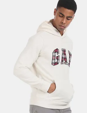 GAP Men White Hooded Plaid Logo Brushed Cotton Fleece Sweatshirt