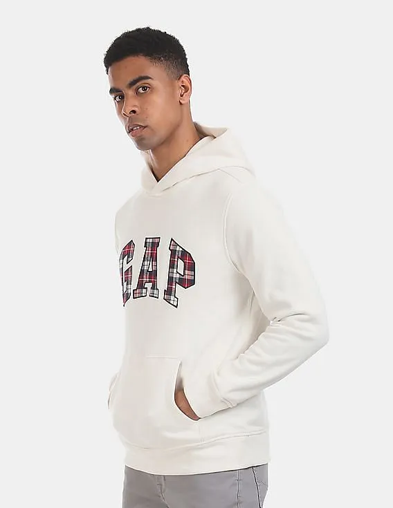 GAP Men White Hooded Plaid Logo Brushed Cotton Fleece Sweatshirt