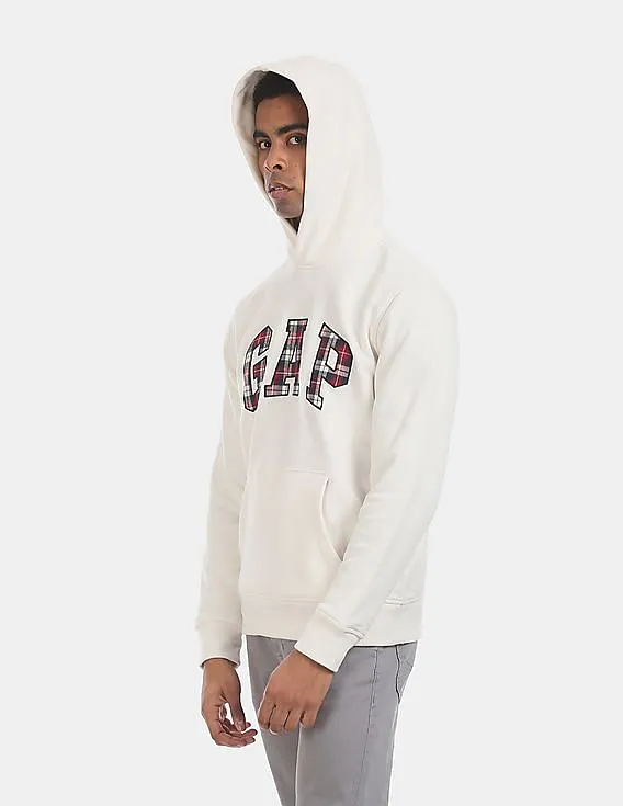 GAP Men White Hooded Plaid Logo Brushed Cotton Fleece Sweatshirt