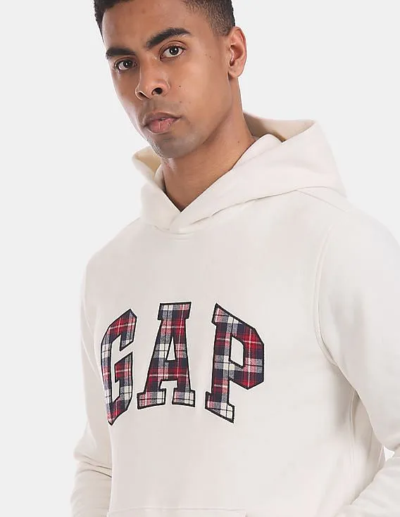 GAP Men White Hooded Plaid Logo Brushed Cotton Fleece Sweatshirt