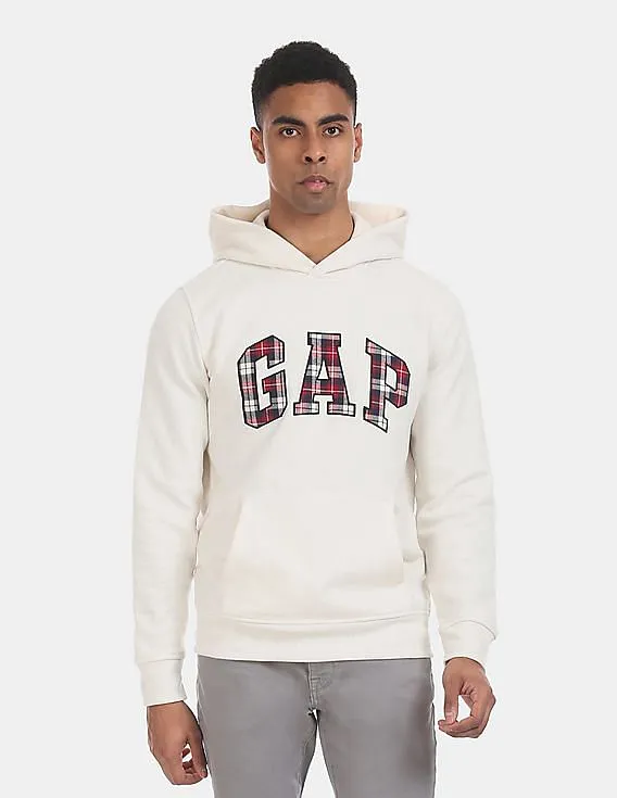 GAP Men White Hooded Plaid Logo Brushed Cotton Fleece Sweatshirt