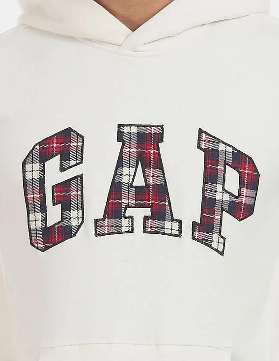 GAP Men White Hooded Plaid Logo Brushed Cotton Fleece Sweatshirt