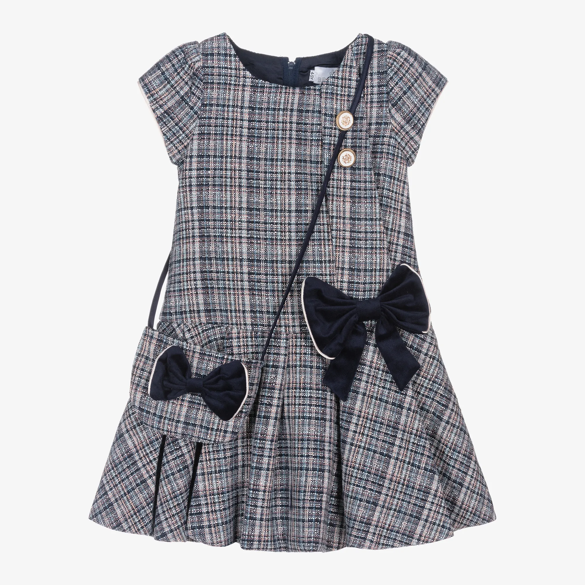 Girls Blue Tweed Dress & Handbag Set