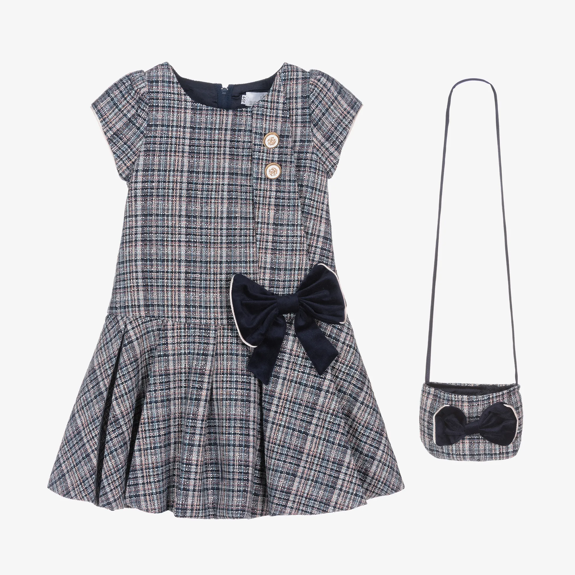 Girls Blue Tweed Dress & Handbag Set