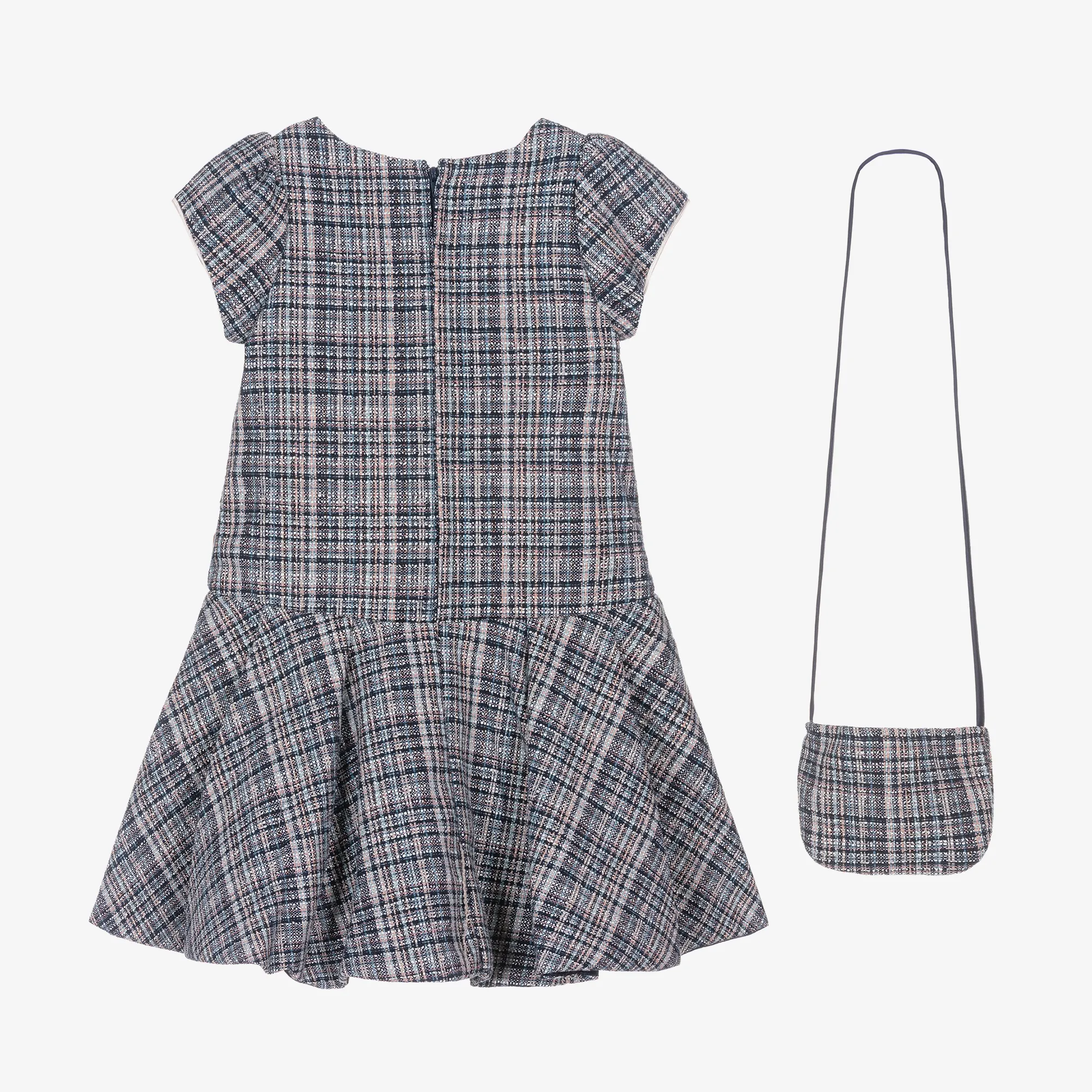 Girls Blue Tweed Dress & Handbag Set