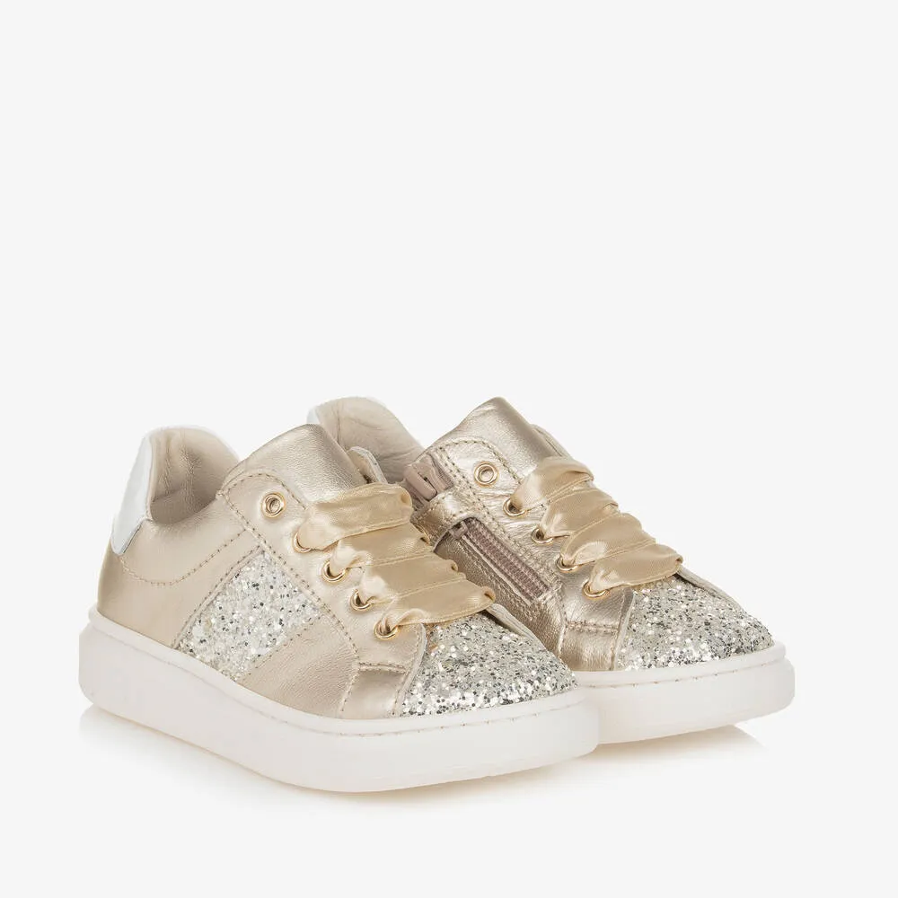 Girls Gold Glitter & Leather Trainers