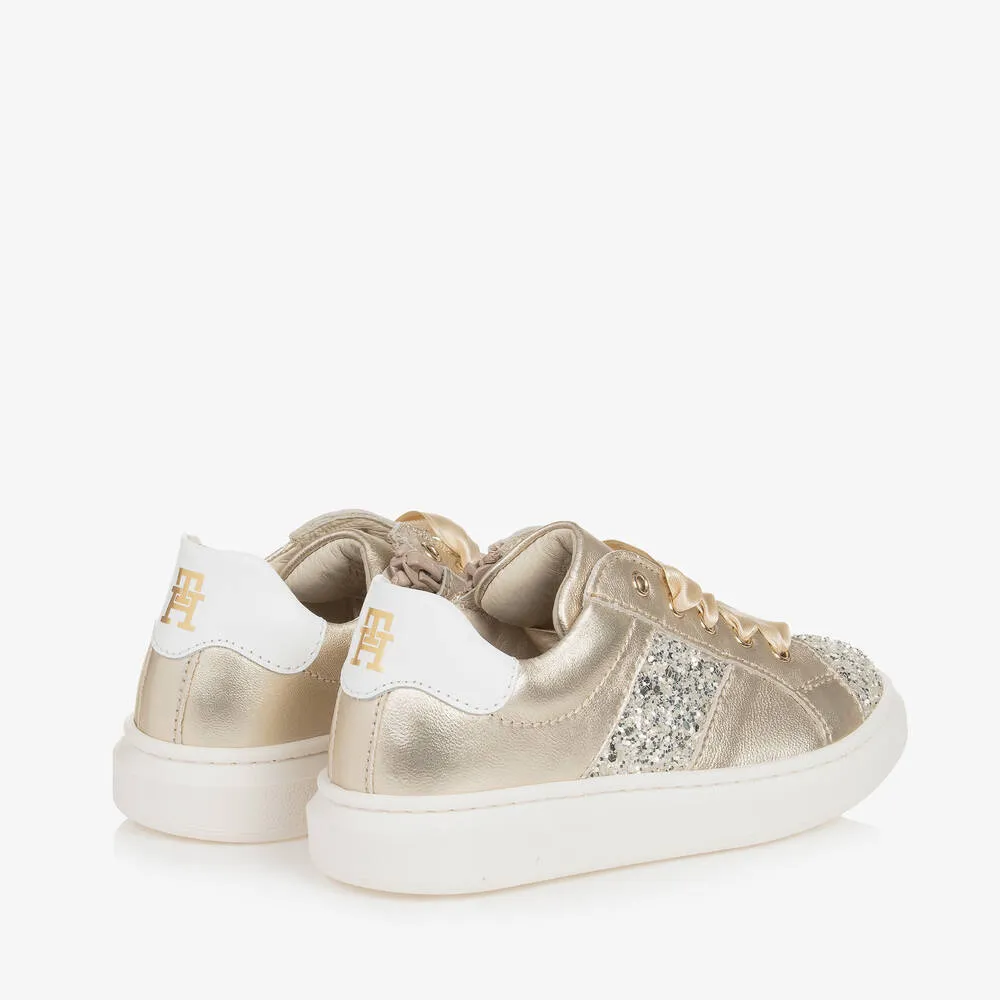 Girls Gold Glitter & Leather Trainers