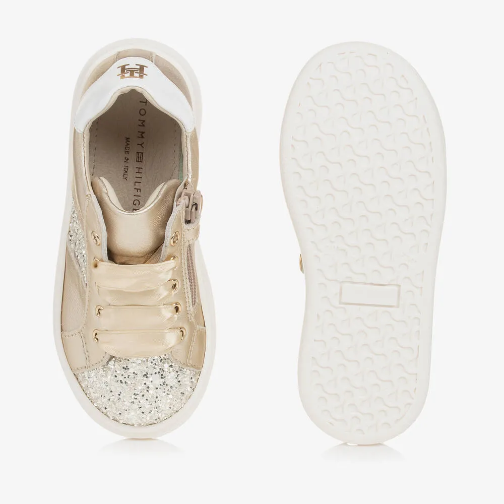 Girls Gold Glitter & Leather Trainers