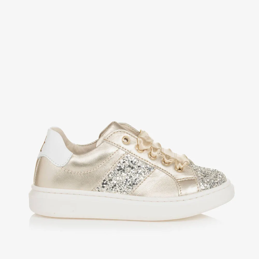 Girls Gold Glitter & Leather Trainers