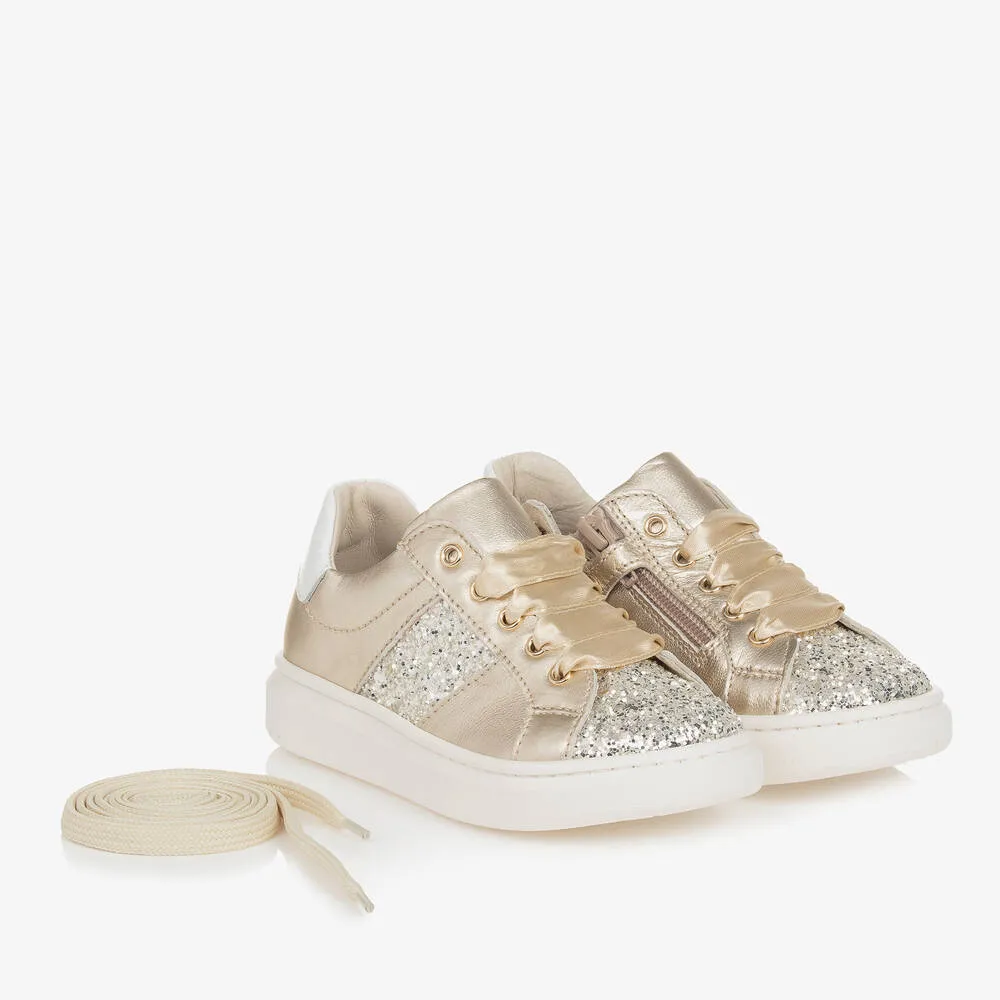 Girls Gold Glitter & Leather Trainers