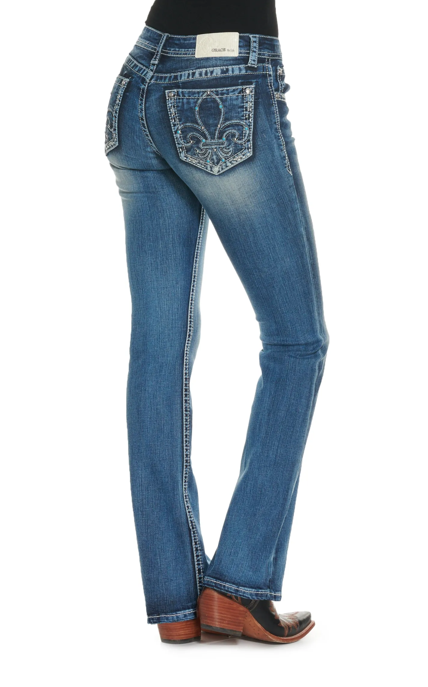 Grace in LA Women's Medium Wash Fleur de Lis with Turquoise Mid Rise Boot Cut Jeans