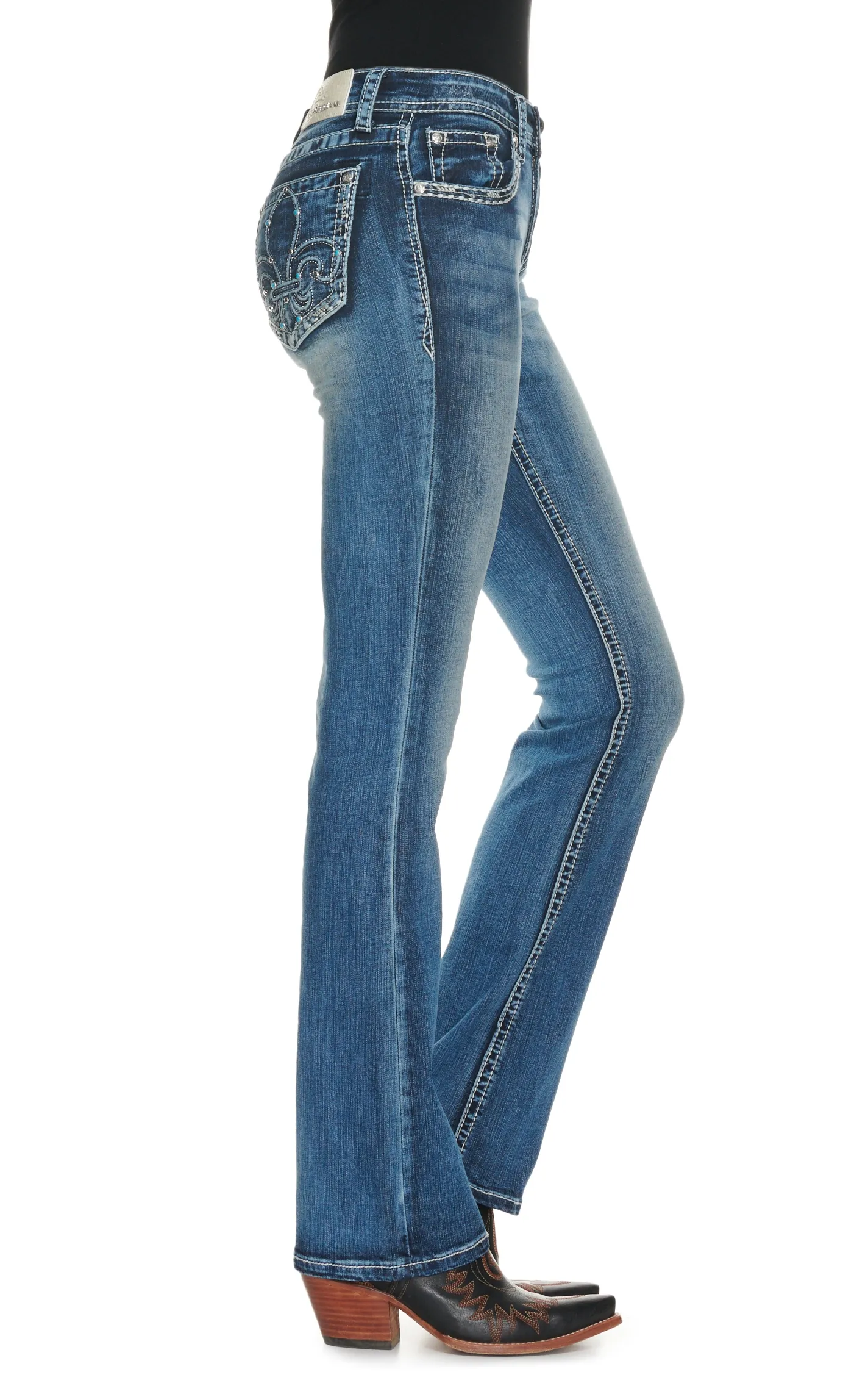 Grace in LA Women's Medium Wash Fleur de Lis with Turquoise Mid Rise Boot Cut Jeans