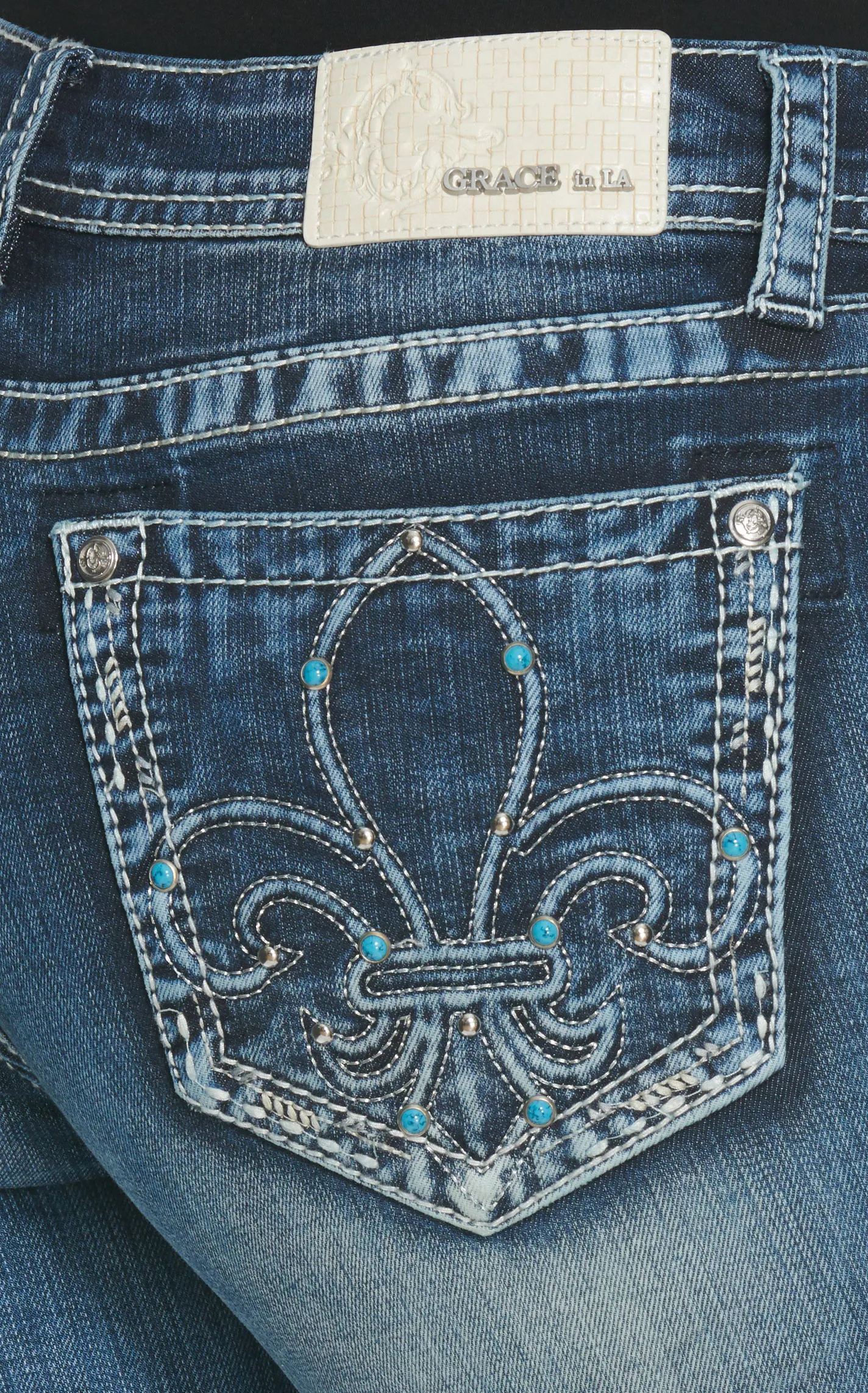 Grace in LA Women's Medium Wash Fleur de Lis with Turquoise Mid Rise Boot Cut Jeans