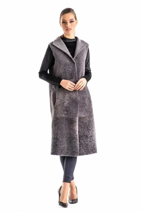 Gray Double Face Geniune Nappa Lamb Leather Mouton Long Fur Vest