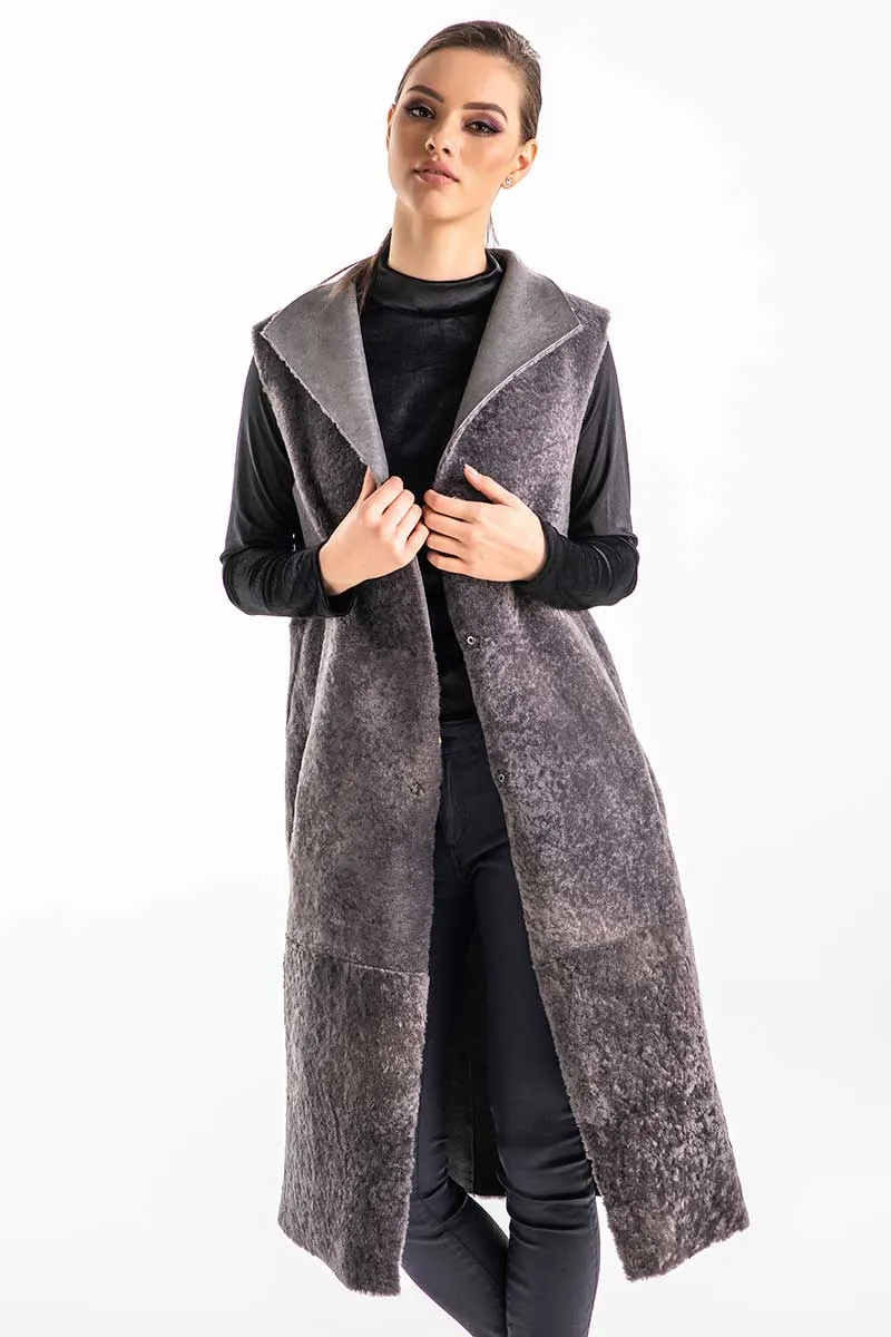 Gray Double Face Geniune Nappa Lamb Leather Mouton Long Fur Vest