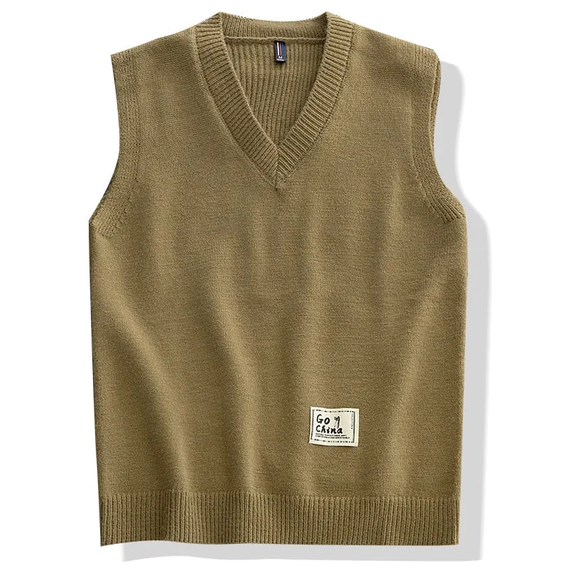 Hip Hop Style Men's Knitted V Neck Sleeveless Loose Oversized Vest Sweater