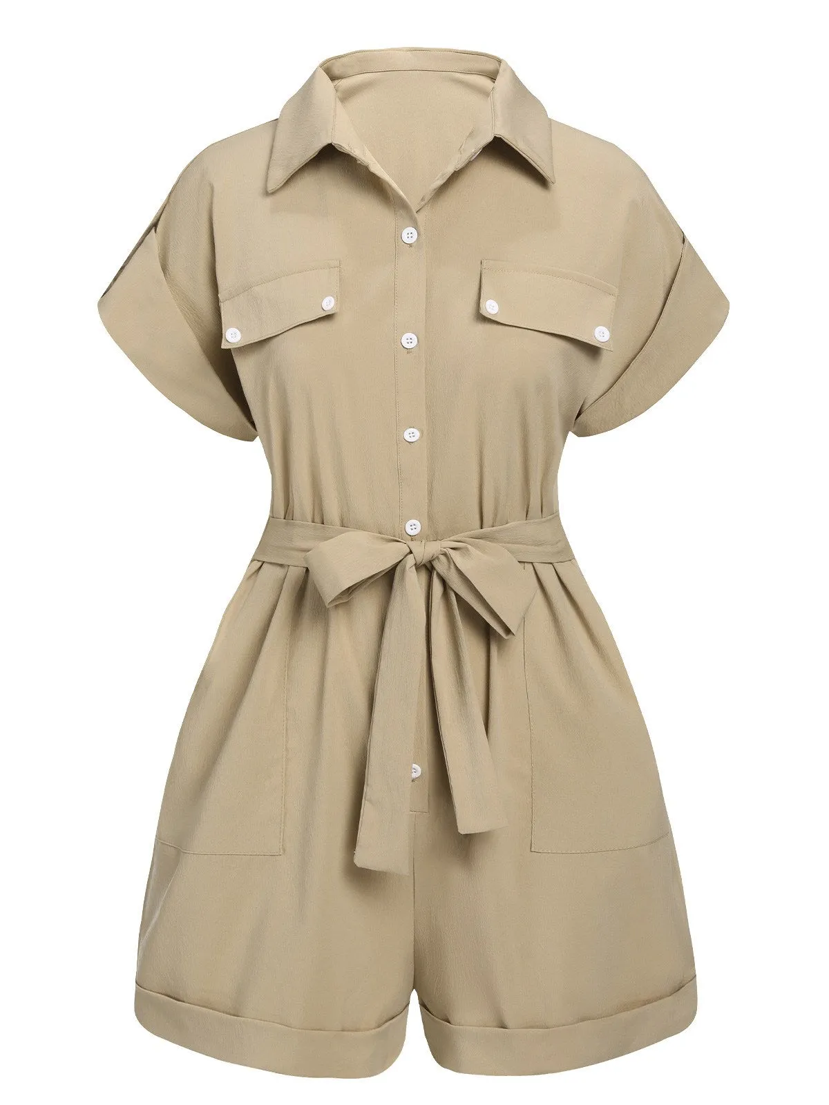 Khaki 1950s Rolled Cuff Lapel Romper