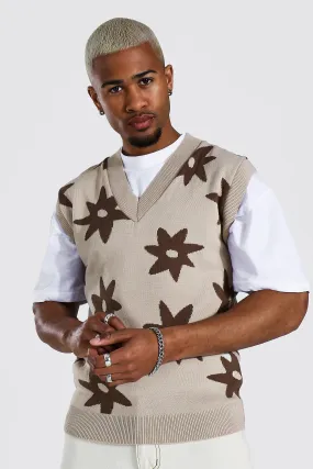 Knitted V Neck All Over Daisy Vest | boohooMAN UK