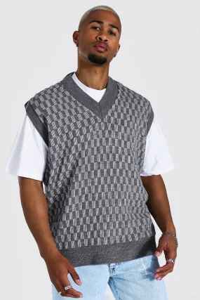 Knitted V Neck Oversized Checkerboard Vest | boohooMAN UK