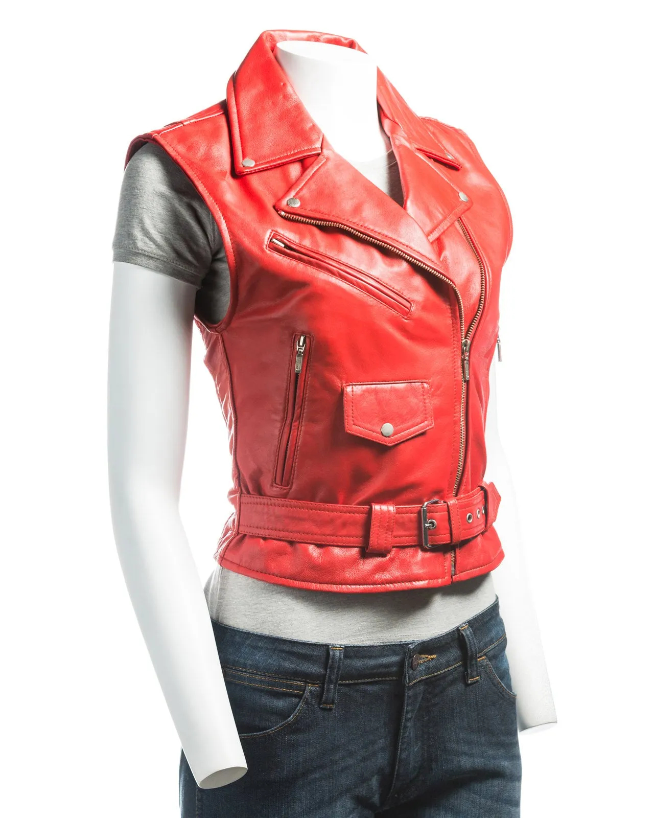 Ladies Red Brando Style Leather Waistcoat: Isabella