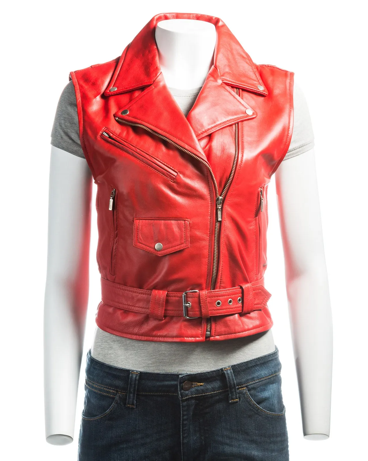 Ladies Red Brando Style Leather Waistcoat: Isabella