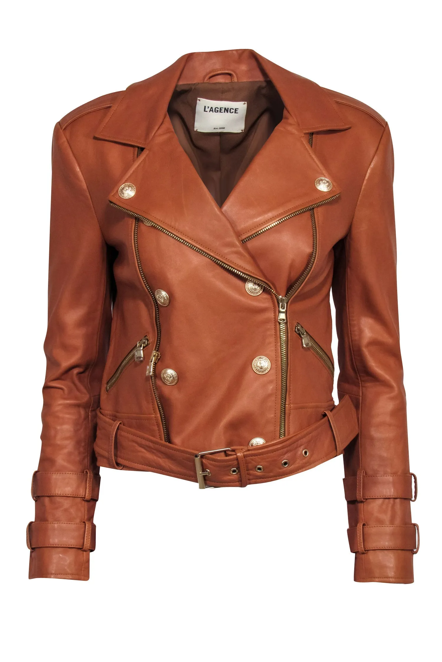 L'Agence - Tan Leather Moto Jacket w/ Gold Button Detail Sz S