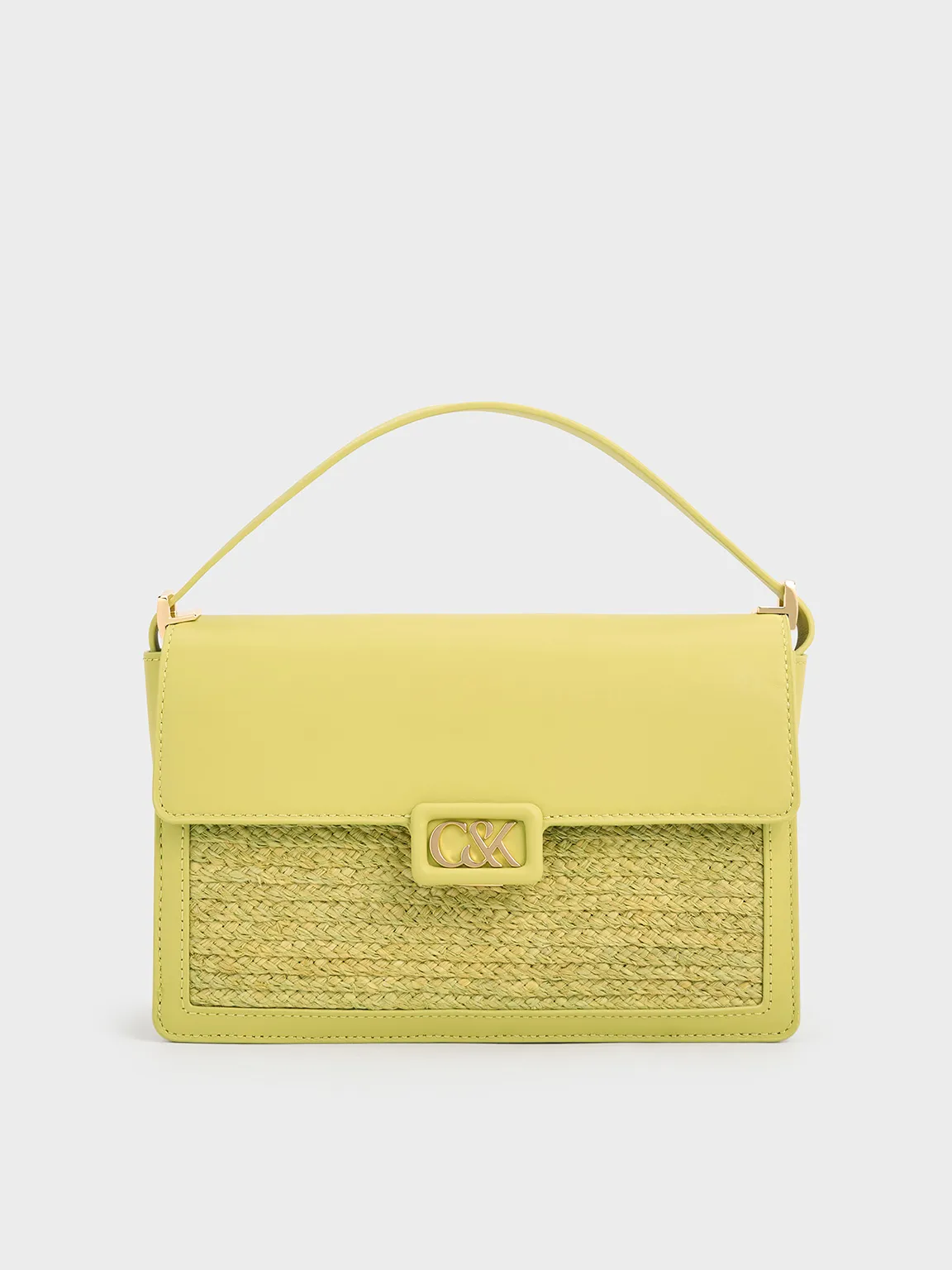 Leather & Raffia Shoulder Bag - Lime