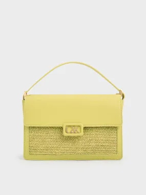 Leather & Raffia Shoulder Bag - Lime