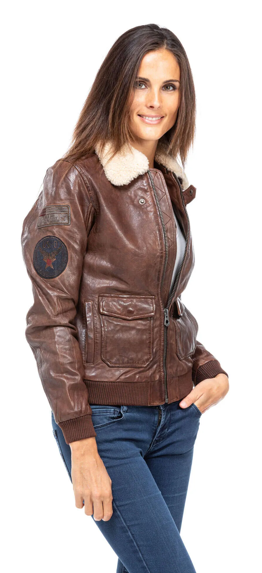 Leather jacket woman dark cognac style aviator 101313