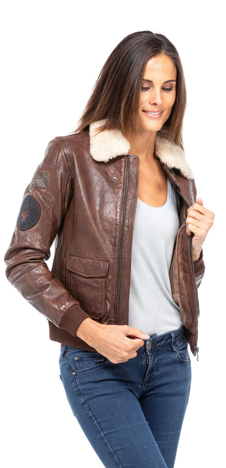 Leather jacket woman dark cognac style aviator 101313