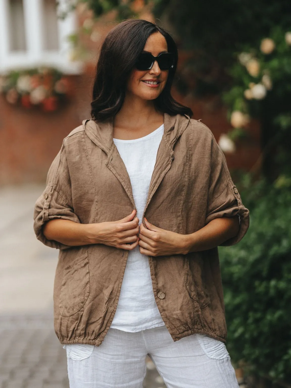 Linen Hooded Button Front Jacket