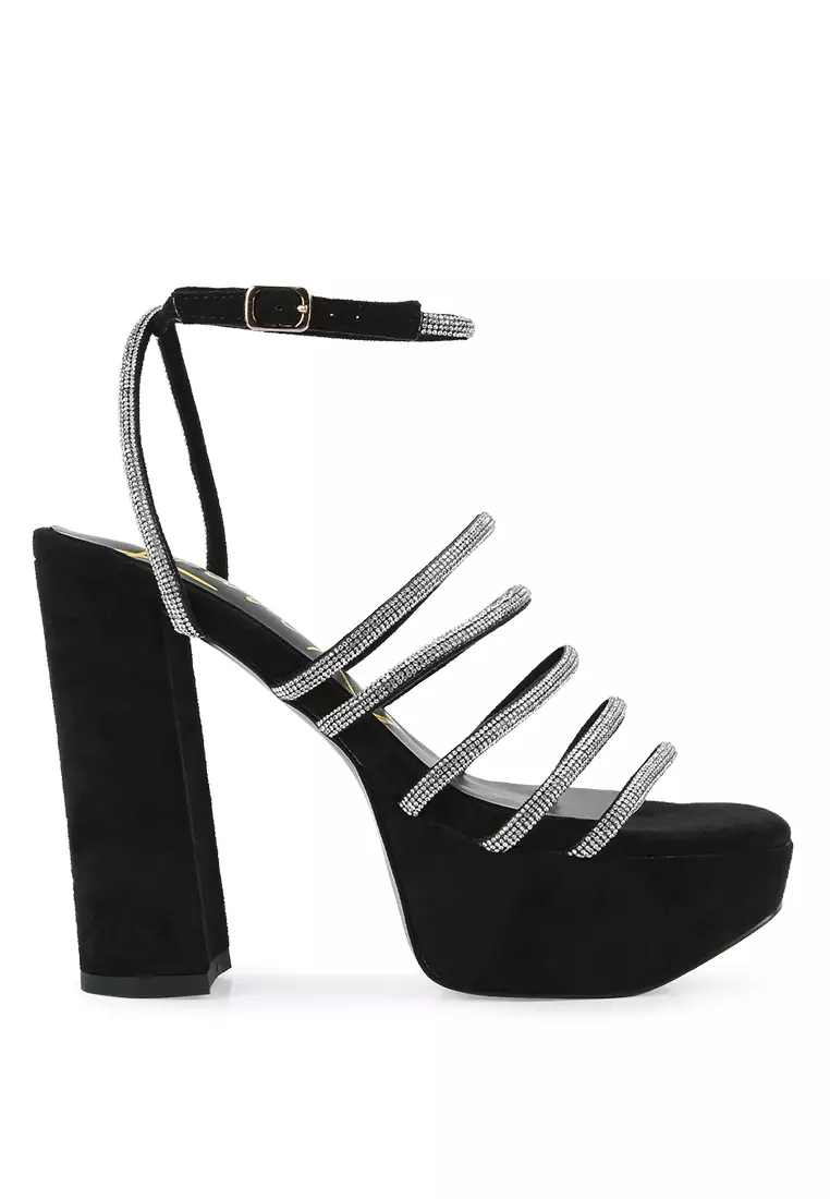 London Rag Black Snake Skin High Block Heeled Sandals