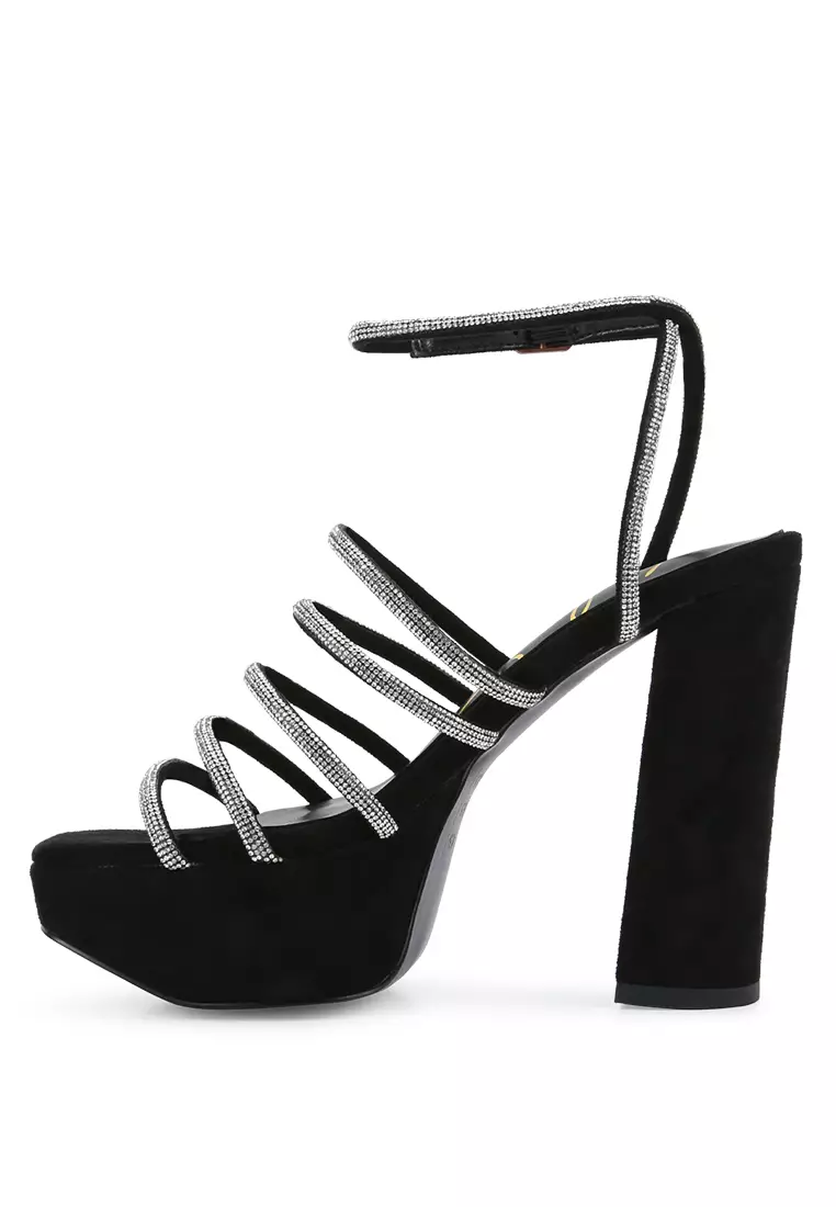 London Rag Black Snake Skin High Block Heeled Sandals