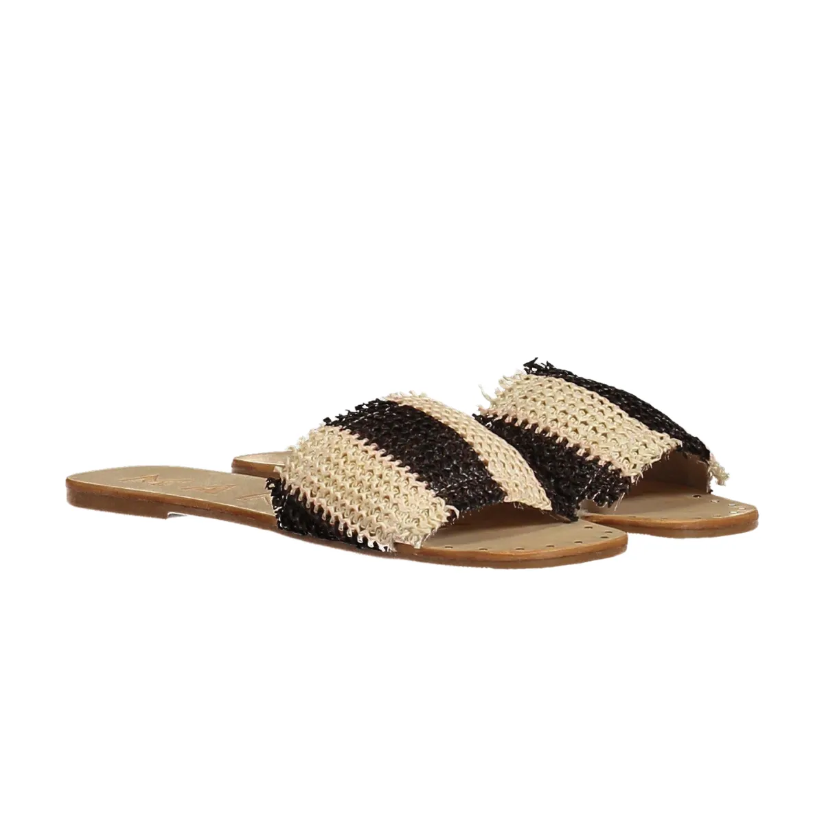 Manebi   Leather Sandals Yucatan Cream Black Striped Raffia