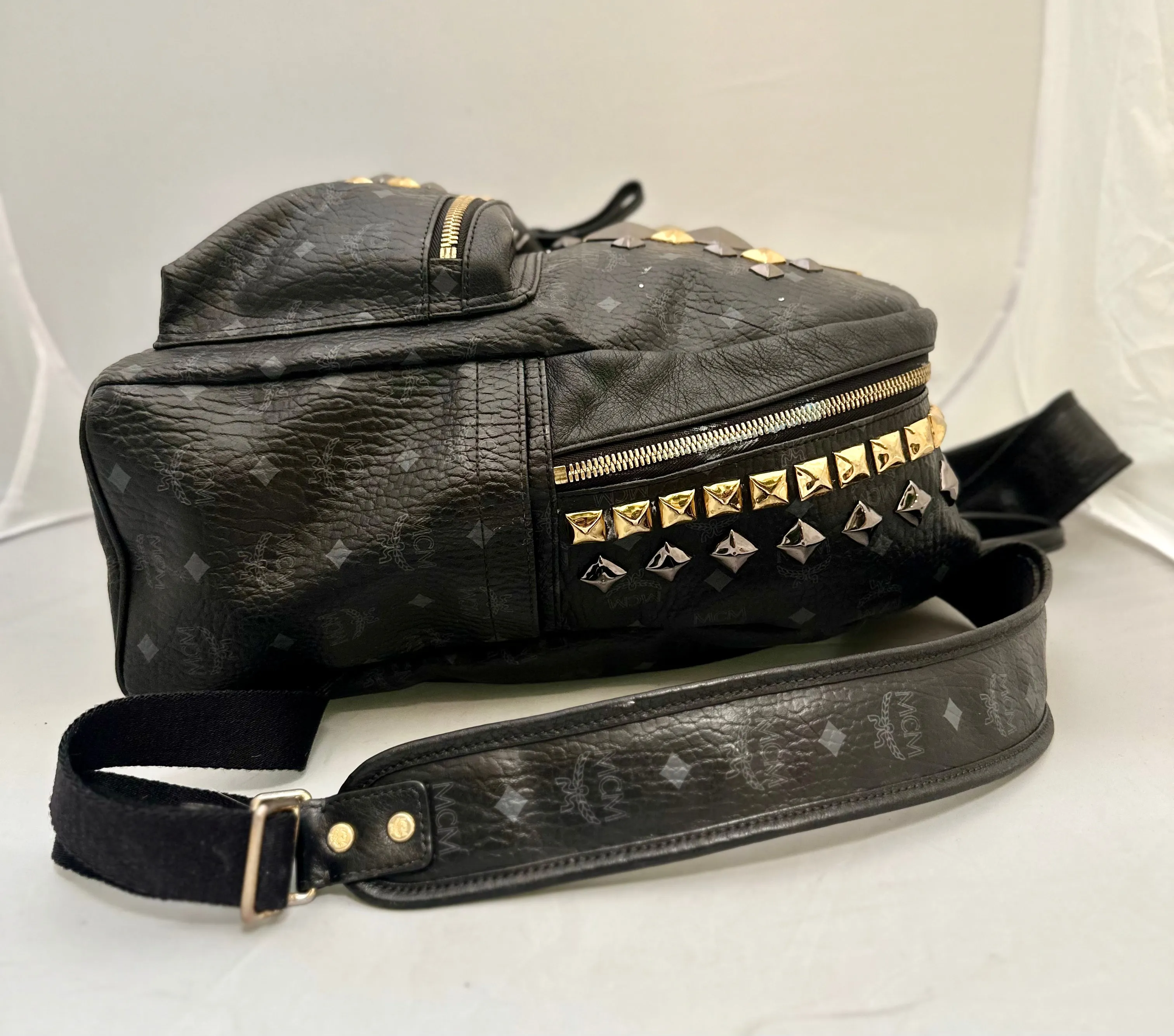 MCM Visetos Studded Stark Backpack Black Coated Canvas