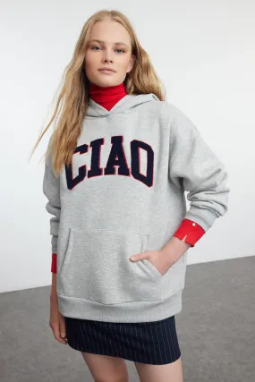 Melange Thick Polar Fleece Slogan Hooded Oversize/Wide Cut Knitted Sweatshirt