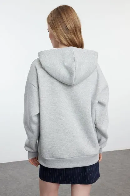 Melange Thick Polar Fleece Slogan Hooded Oversize/Wide Cut Knitted Sweatshirt