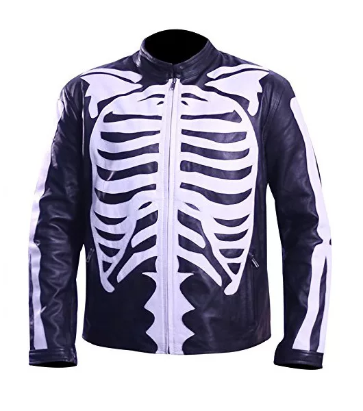 Men's Skeleton Printed Cafe Racer Leather Jacket