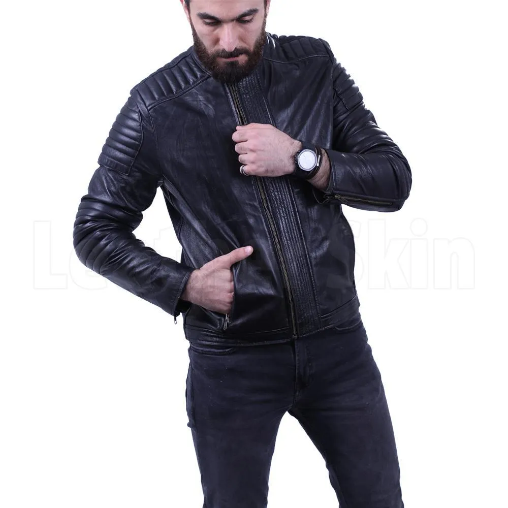 Men's Black leather jacket with antique zippers - Leather Skin Shop