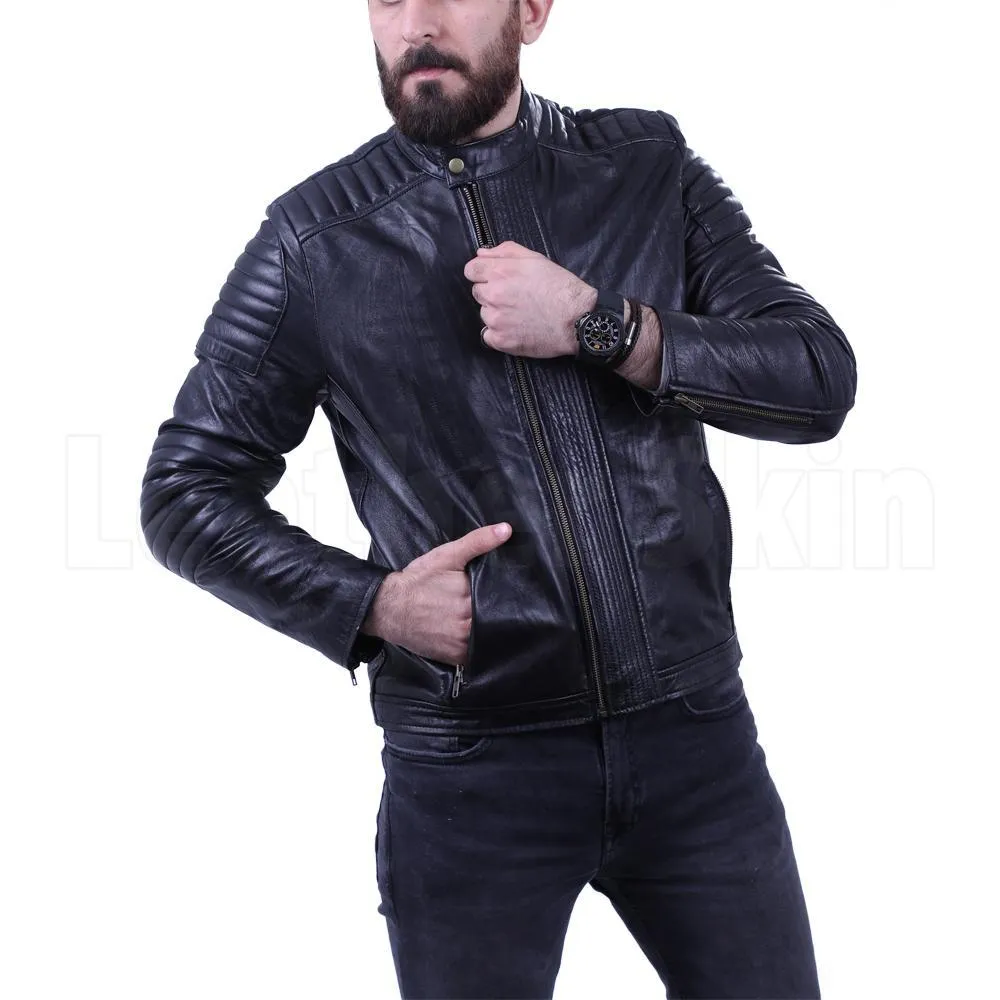 Men's Black leather jacket with antique zippers - Leather Skin Shop