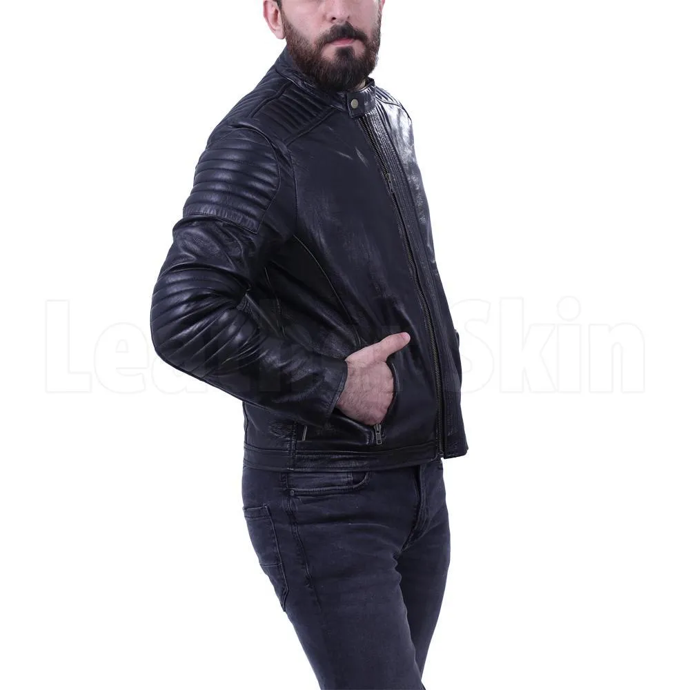 Men's Black leather jacket with antique zippers - Leather Skin Shop