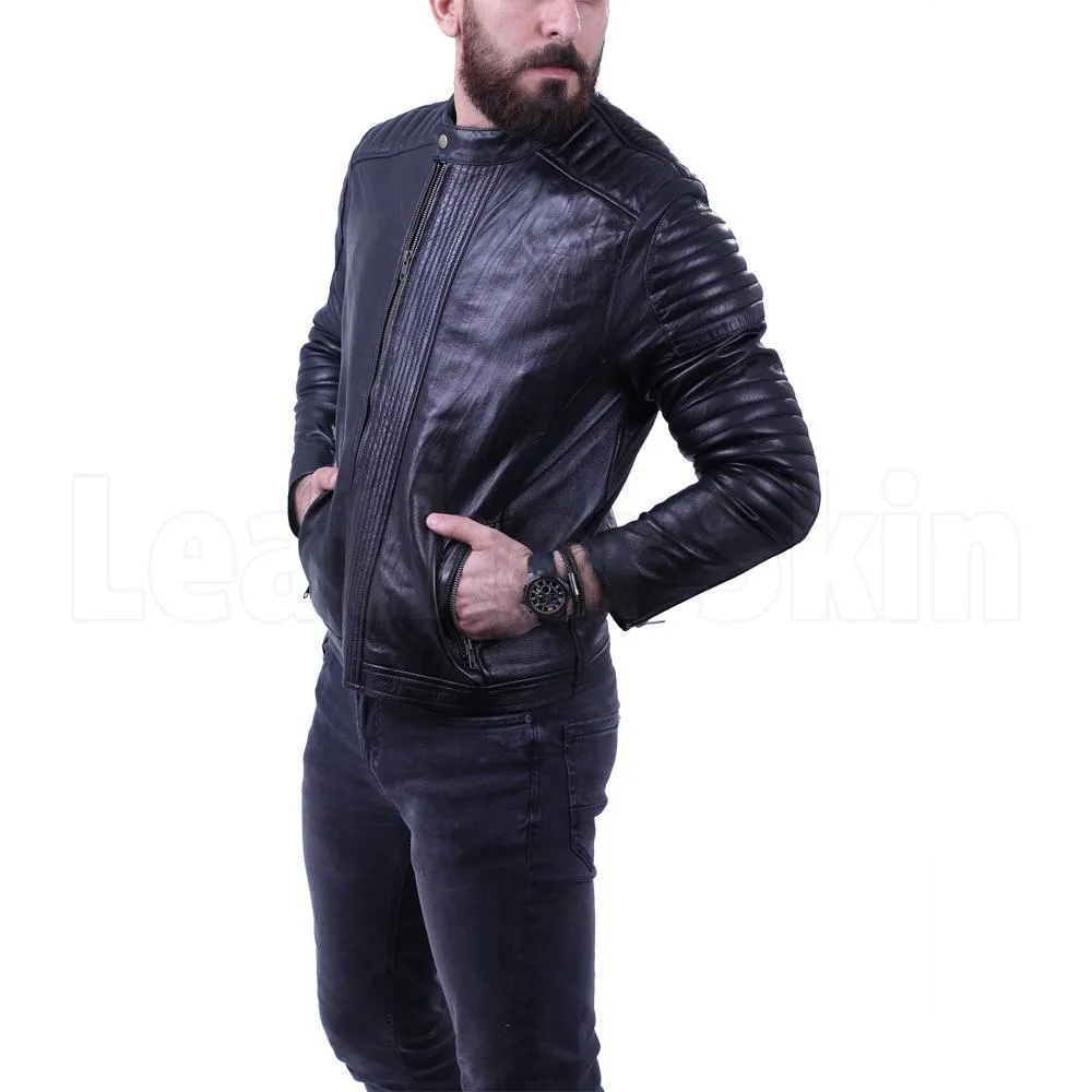 Men's Black leather jacket with antique zippers - Leather Skin Shop