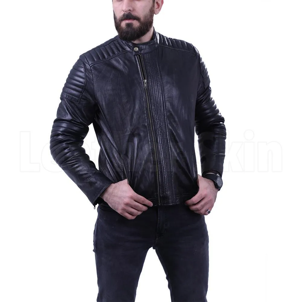 Men's Black leather jacket with antique zippers - Leather Skin Shop