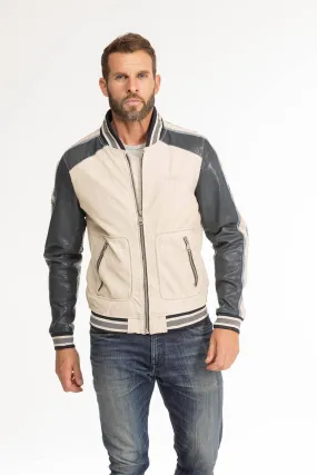 Men's beige/navy redskins fray teddy style leather jacket