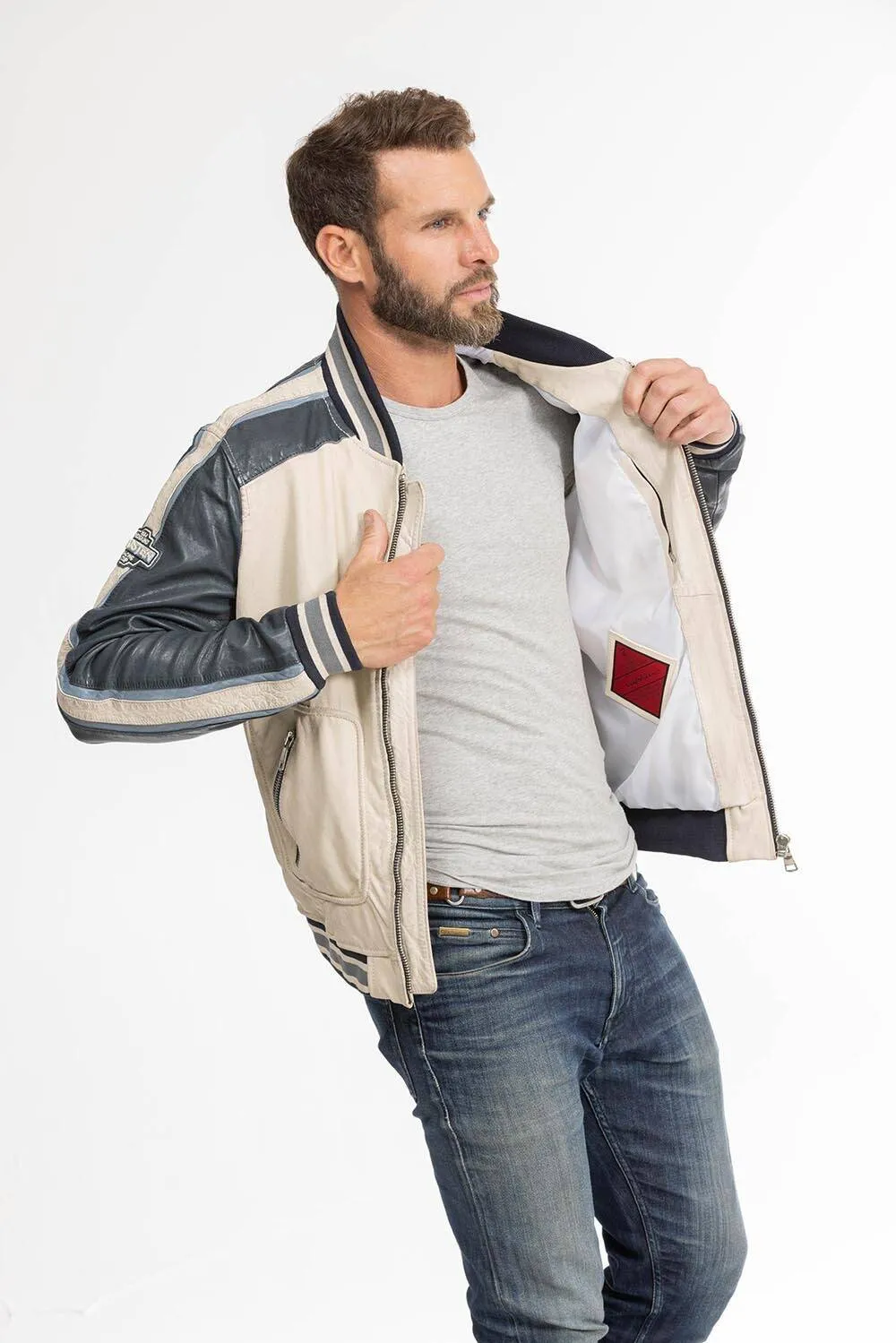 Men's beige/navy redskins fray teddy style leather jacket